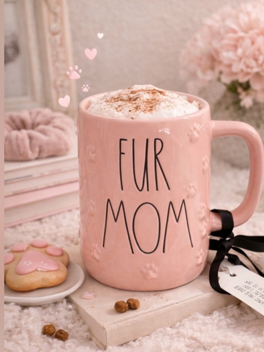 Rae Dunn FUR MOM Light Pink Paw Print 16 oz Mug Magenta Artisan Collection NWT